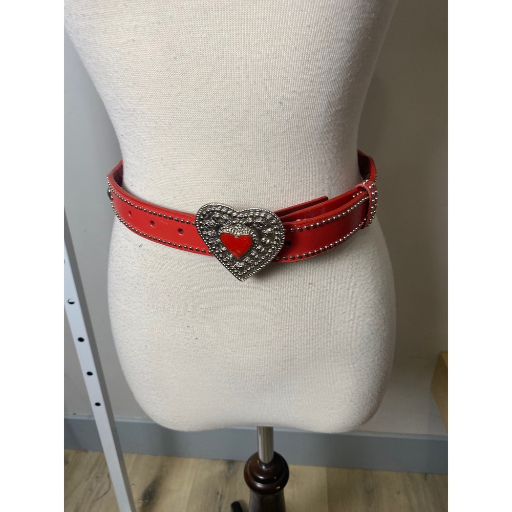 Nocona Belt Co Red Leather Heart Buckle Studded Western Scalloped Belt Size 28